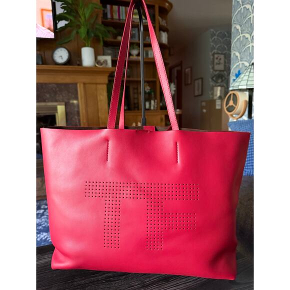 TOM FORD Red Calfskin TF Perforated Logo Tote - Picture 1 of 11